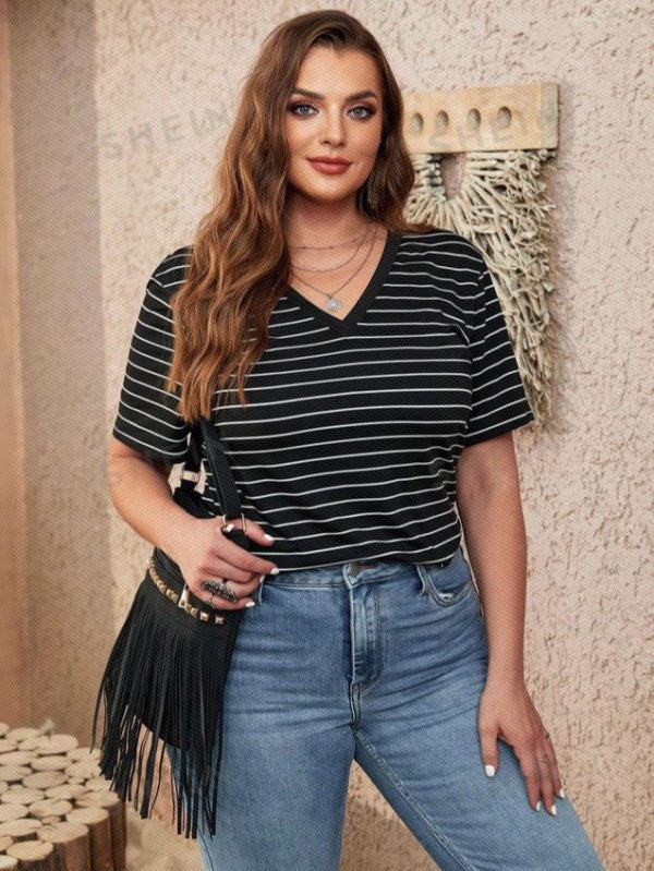 SHEIN VCAY Women's Plus Size Striped Summer T-Shirt