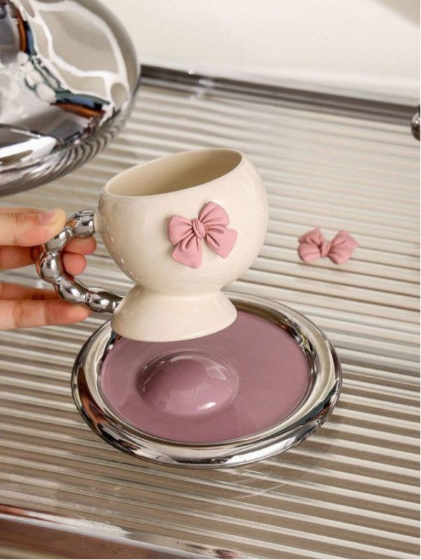 1pc Mug & 1pc Saucer, 200ml Simple Diagonal Coffee Cup Dish Set With Bow
