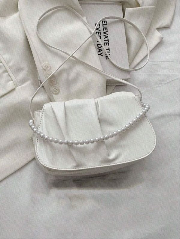 Small Ruched Bag Solid Color Faux Pearl Decor