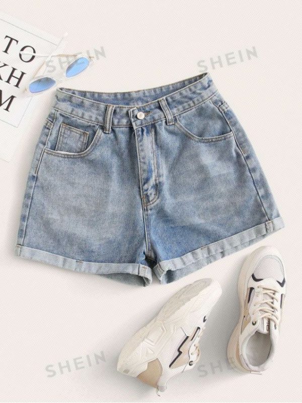 SHEIN EZwear Rolled High-Rise Denim Shorts