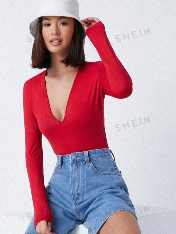 SHEIN BASICS Plunging Neck Solid Fitted Bodysuit