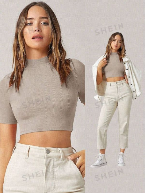 SHEIN BASICS Mock-Neck Rib-knit Crop Top