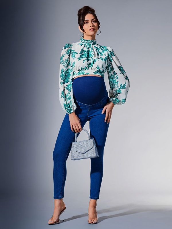 SHEIN Maternity Comfortable Long Sleeve Hollow Out Back Short Woven Printed Loose Pregnant Women Top
