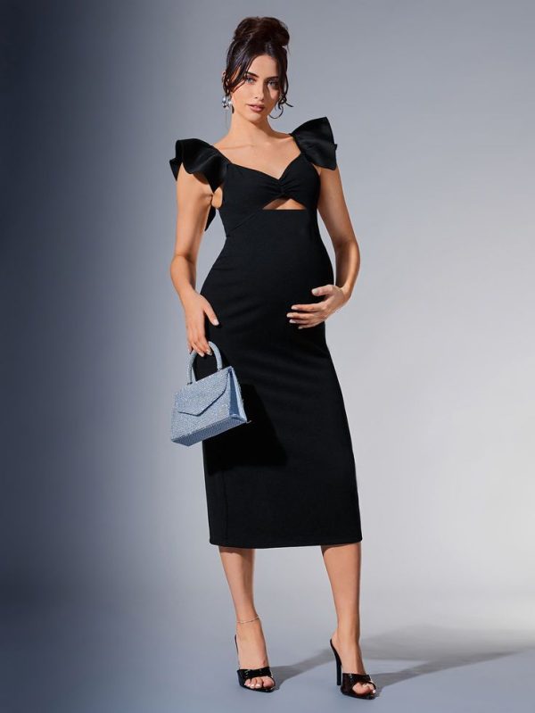 SHEIN Maternity Cozy Afternoon Cap Sleeve Chicken Heart Neckline Hollow Out Knit Solid Color Dress