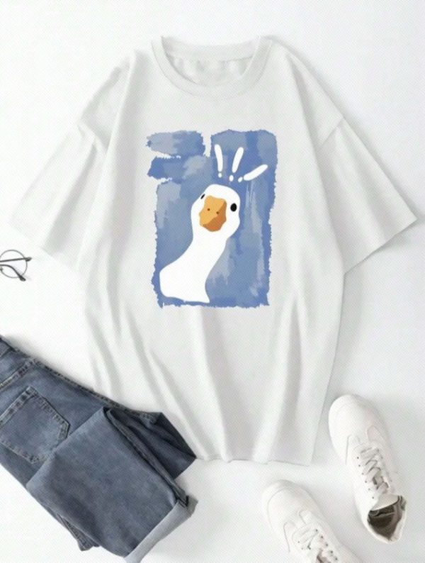 SHEIN EZwear Cartoon Graphic Drop Shoulder Oversize Tee For Summer