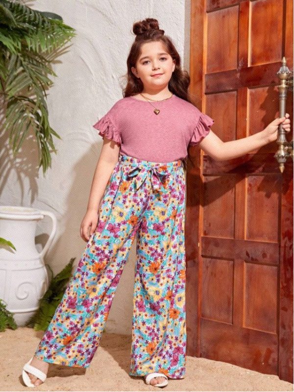 SHEIN Tween Girls Extended Size Casual Wide Leg Printed Pants And Solid Color Cap Sleeve T-Shirt Set