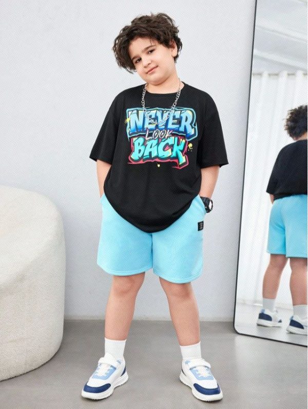 SHEIN Tween Boy Extended Size Casual Graffiti And Letter Printed Round Neck Short Sleeve T-Shirt
