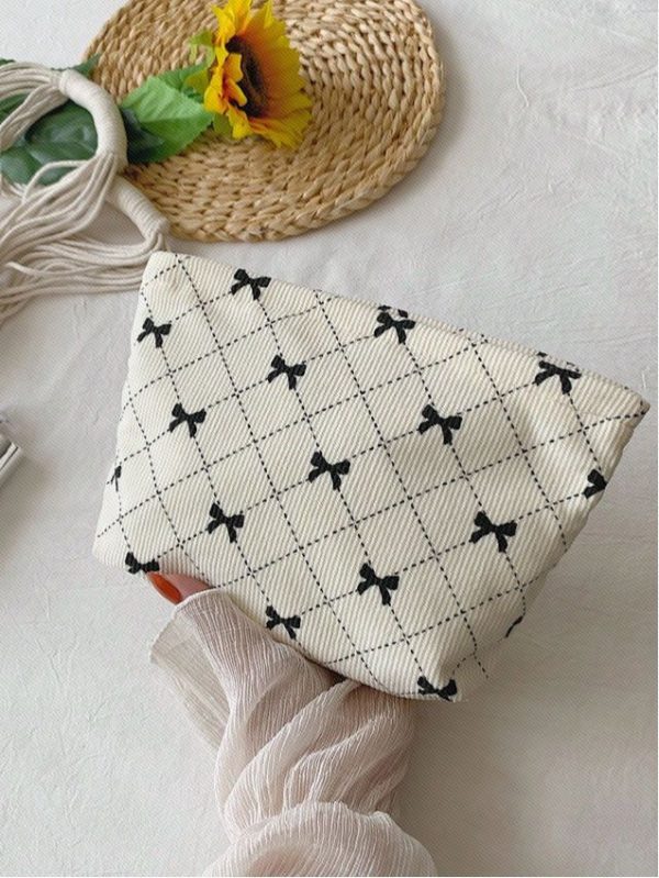 Beige cute Bow pattern corduroy makeup bag