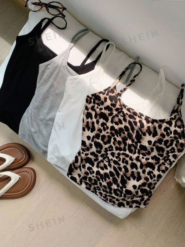 SHEIN EZwear 4 PCS Multi-Colored Knit Camisole Top Pack For Women,Leopard Print Tank Top