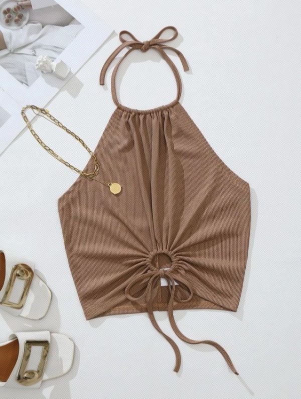 SHEIN Qutie Drawstring Front Crop Halter Top