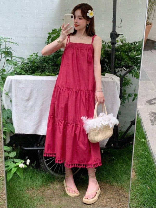 DAZY Ladies' Vacation Style Long Solid Color Spaghetti Strap Dress With Tassel Decorations