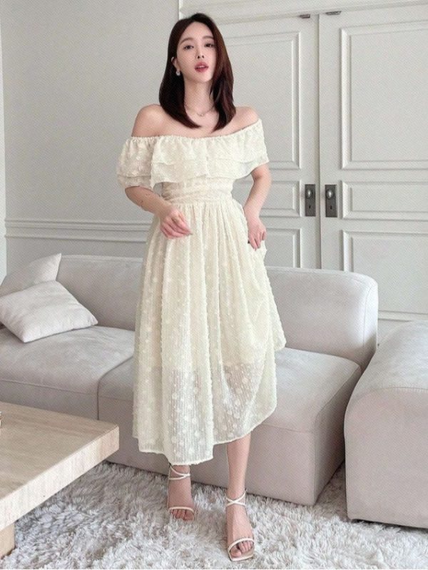 DAZY Women's Summer Solid Color Ruffle Off-Shoulder Long Elegant Dress