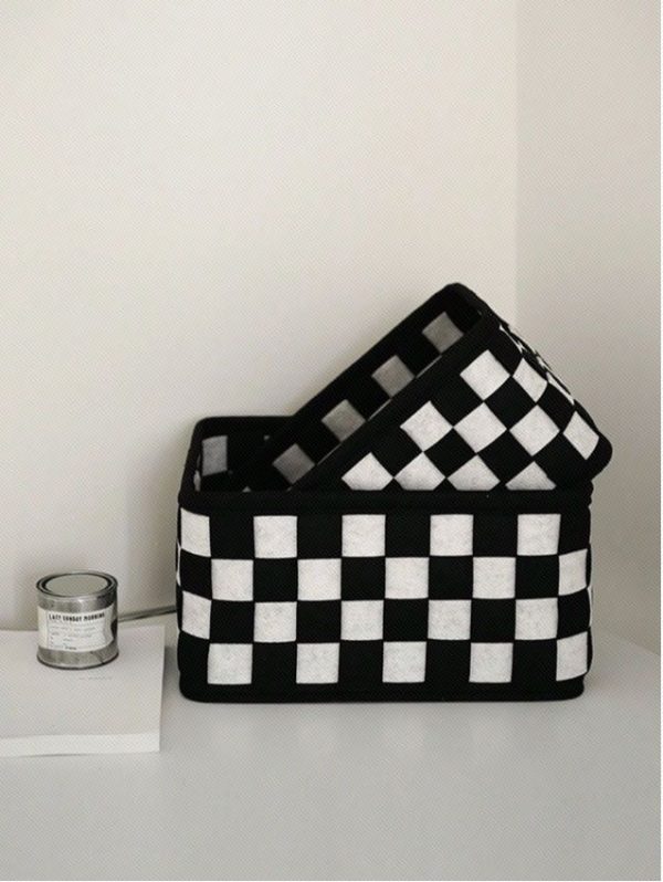 1pc Checkered Felt Handmade Desktop Storage Basket With Handles For Toy/clothes Organization