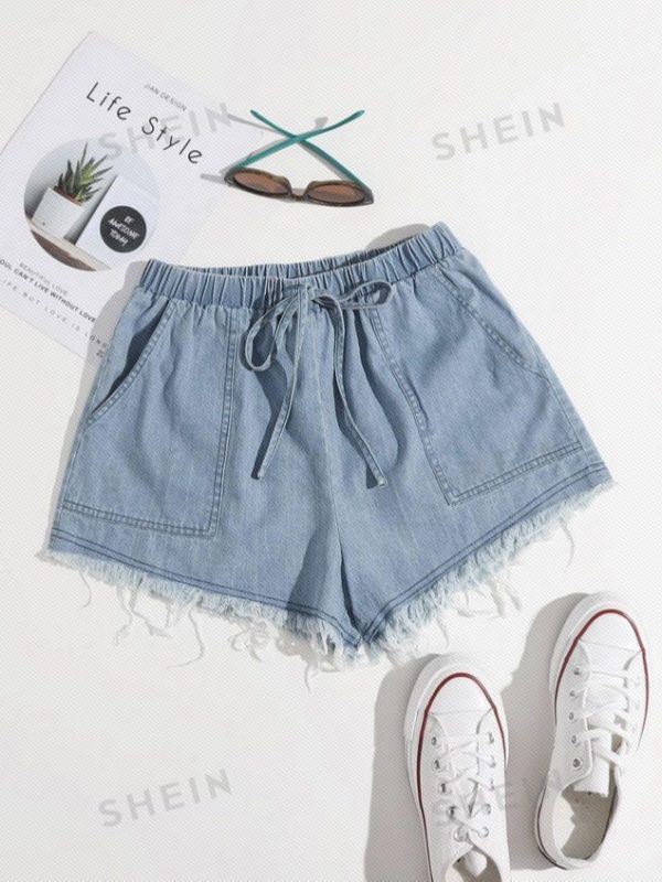 SHEIN EZwear Knot Waist Patched Slant Pocket Raw Hem Shorts