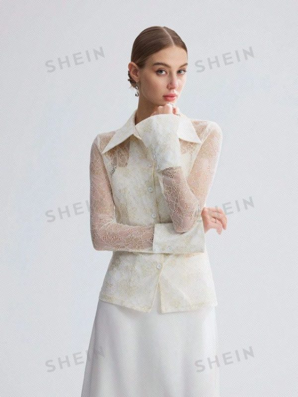 SHEIN BIZwear Women's See-Through Lace Long Sleeve Shirt