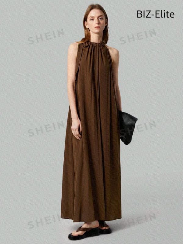 SHEIN BIZwear Women'S Solid Color Halter Neckline Belted Dress