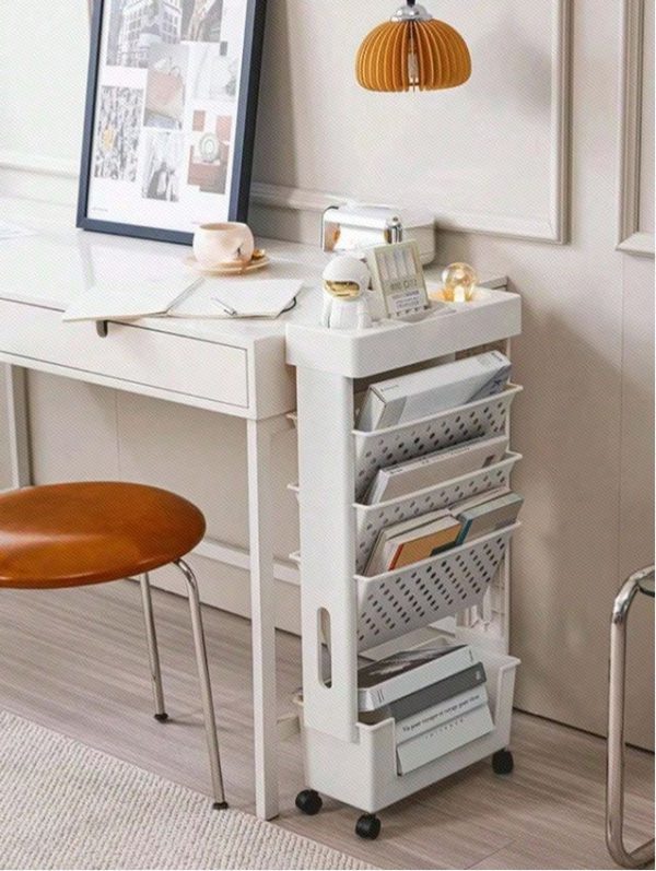 1pc 5-Tier Portable Standing Bookshelf With Wheels, Large Capacity Desktop Storage Organizer