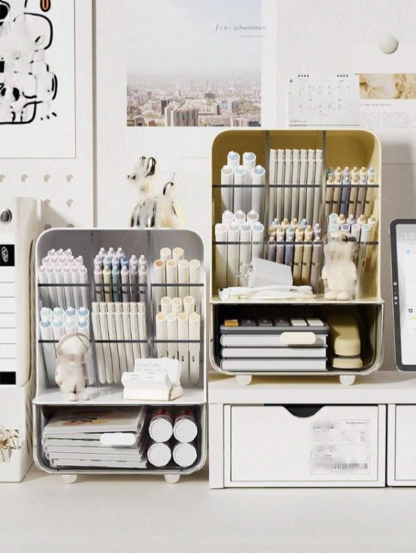 1 Pc Sloping Pen Holder Desk Organizer, With 7 Storage Compartments