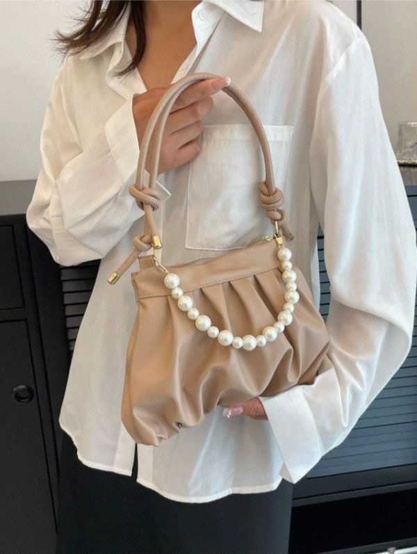Small Ruched Bag Solid Color Faux Pearl Decorshoulder Bag