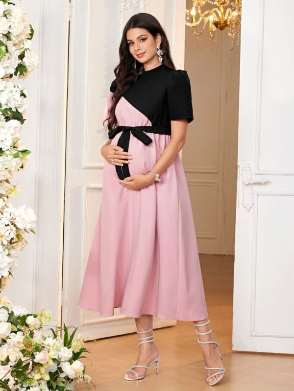 SHEIN Maternity Elegant & Comfortable Color Block Loose-Fit Knee-Length Short Sleeve Dress