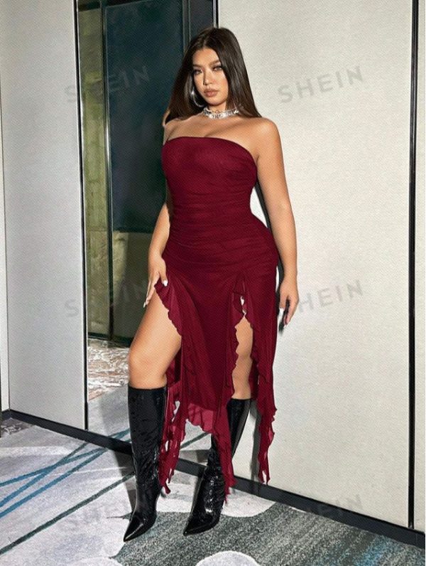 SHEIN ICON Plus Size Asymmetry Hem Ruffle Slit Strapless Dress