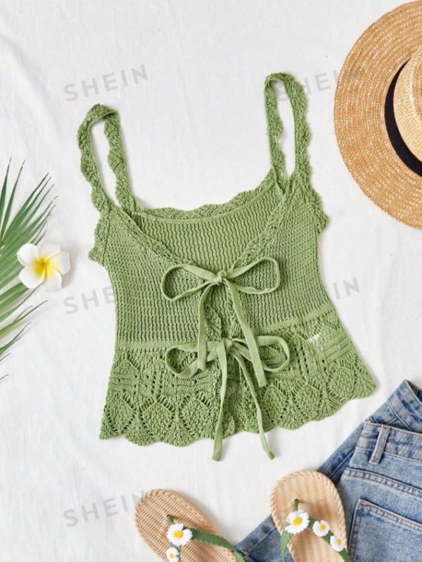 SHEIN WYWH Ladies' Solid Color Knitted Crop Top With Front Twist Detail And Spaghetti Straps