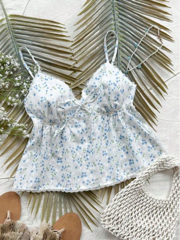 SHEIN WYWH Women Summer Floral Print Tie Front Ruffle Hem Camisole Top