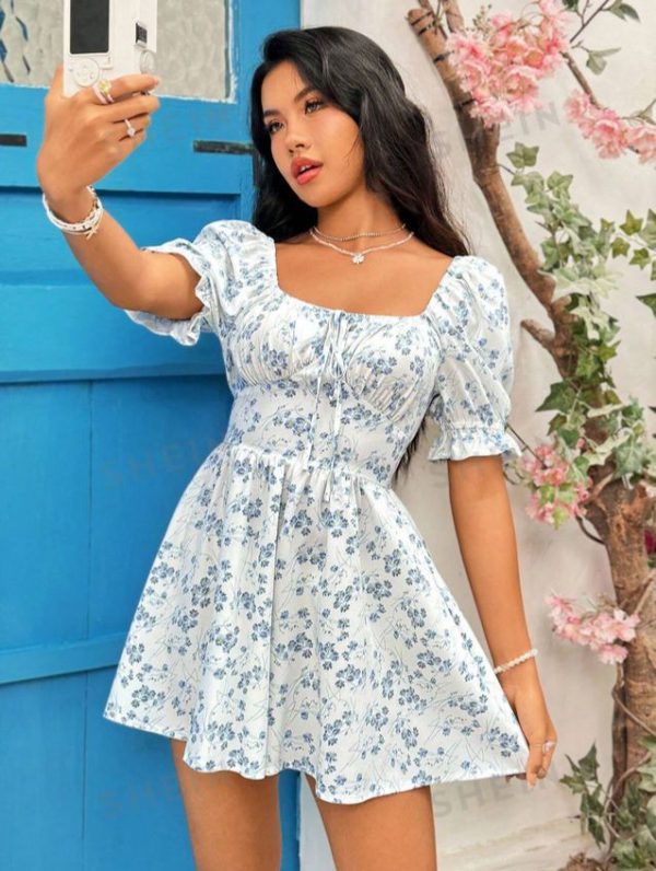 SHEIN WYWH Floral Print Bubble Sleeve A-Line Jumpsuit