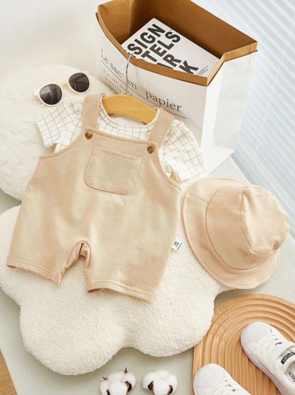 SHEIN Newborn Baby Boy/Girl Cute Casual Plaid Short Sleeve Top + Solid Color Overalls + Hat Set