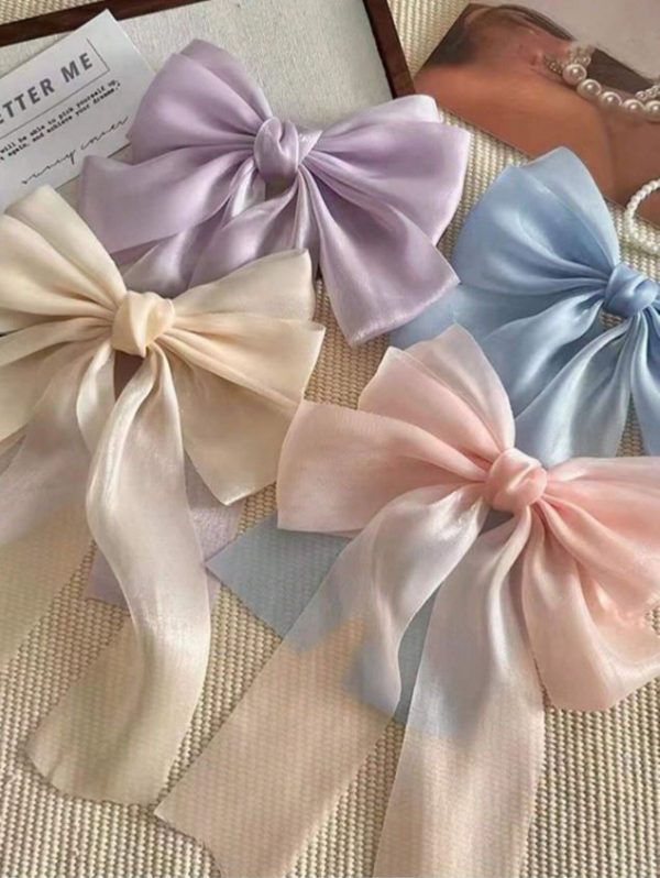 4pcs Cream-Colored Mesh & Bowknot Hair Clips For Girls Cute
