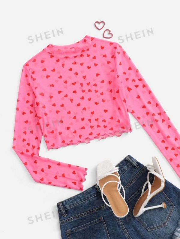 SHEIN EZwear Mock Neck Lettuce Trim Heart Print Mesh Pink Top
