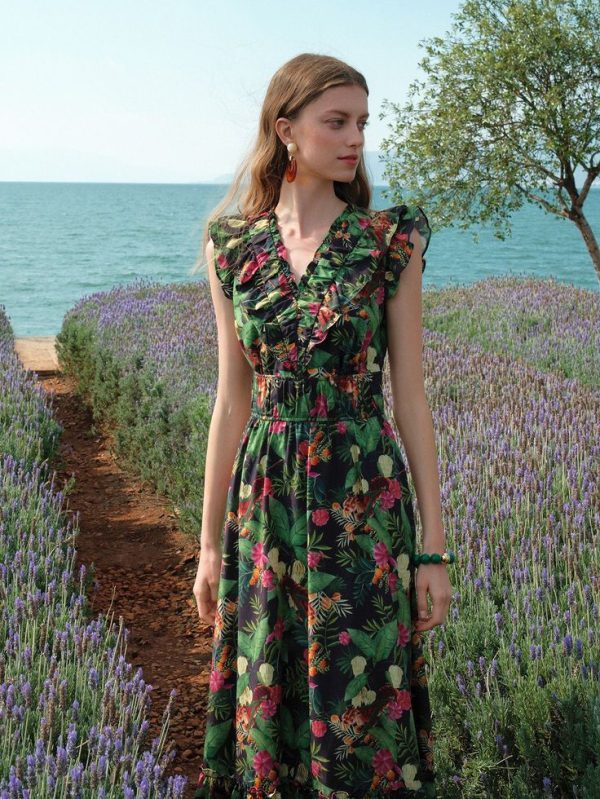 MOTF PREMIUM TROPICAL PRINT V-NECK RUFFLE TRIM DRESS