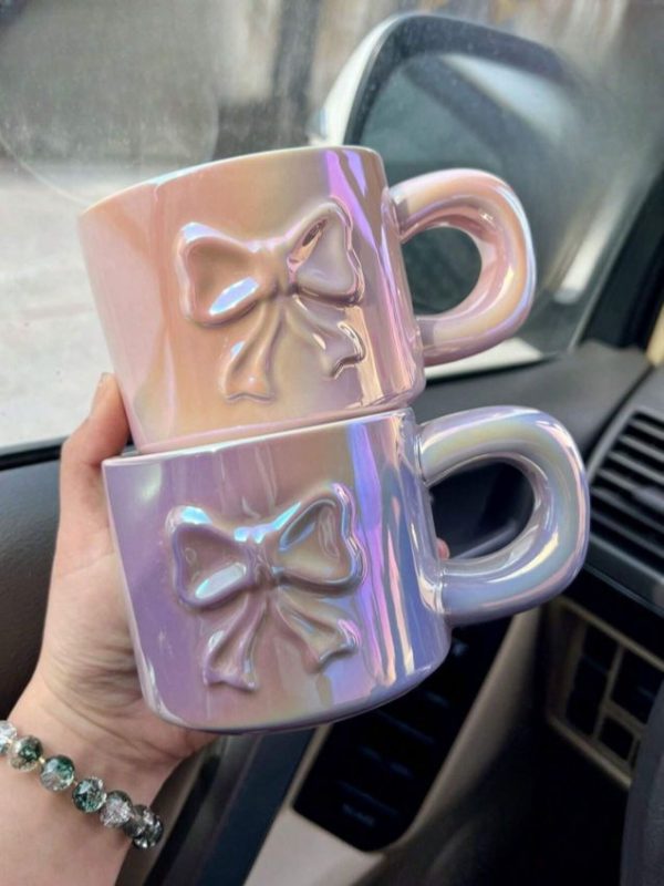 1pc, 380ml/13oz Pearl-Like Butterfly Knot Ceramic Mug With Big Handle
