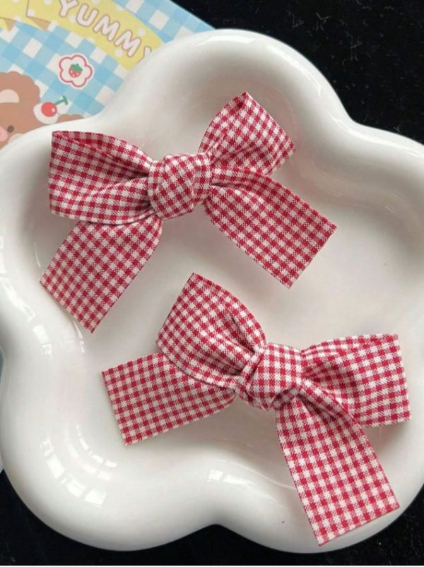 2pcs Gingham Pattern Bow Decor Alligator Hair Clip Cute