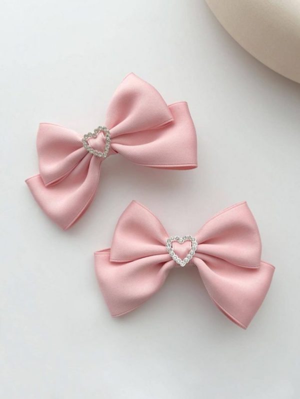 2pcs Women's Solid Color Love Heart & Beautiful Bow Hair Clips Cute