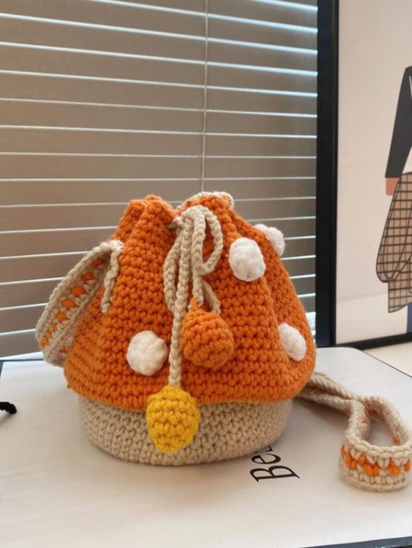 Lightweight,Business Casual Mini Pom Pom Decor Colorblock Crochet Bucket Bag