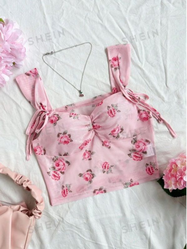 SHEIN WYWH V-Neck Floral Print Wide Strap Tank Top