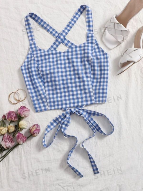 SHEIN WYWH Gingham Lace Up Back Cami Top
