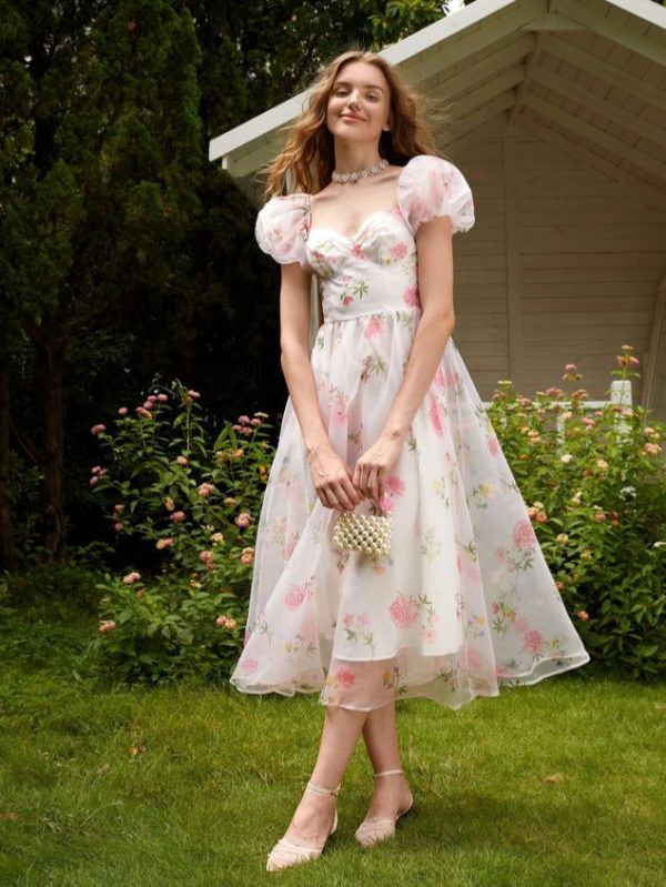 SHEIN MOD Floral Print Puff Sleeve Dress Tea Party Attire