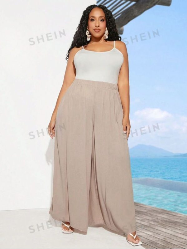 SHEIN CURVE+ Plus Size Women's Elastic Waist Wide Leg Vacation Pants