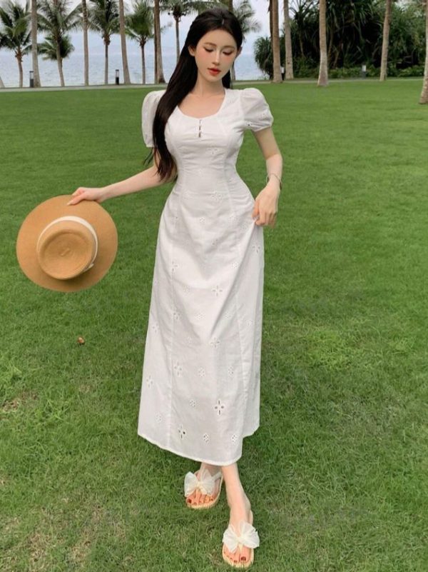 DAZY Ladies' Vacation Style Casual Solid Color Hollow Out Embroidery Puff Sleeve Cinched Waist Dress