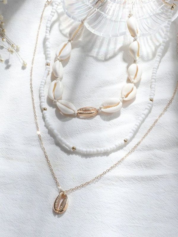 3pcs Fashionable Simple Bohemian Style Shell & Beaded Woven Collarbone Chain Set For Women