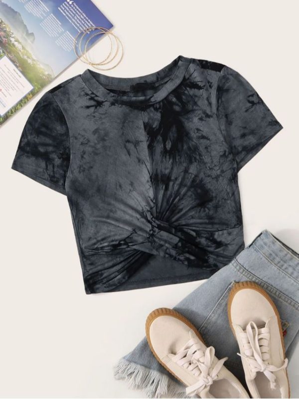 SHEIN EZwear Tie-Dye Wash Twist-Front Tee
