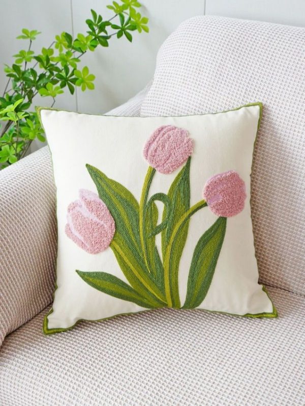 1pc Flower Embroidered Cushion Cover Without Filler, Modern Canvas Decorative Throw Pillow Cover