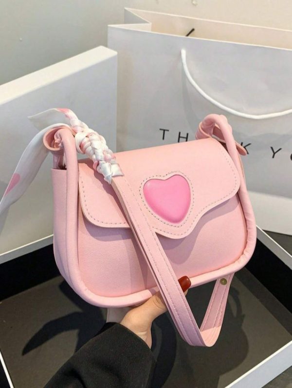 A Pink Heart Decorated Pu Material Flip-Top Metal Suction Buckle, Simple And Fashionable Bag