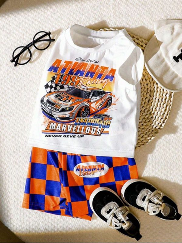 2pcs New Spring/Summer Race Car Checkered Sports Streetwear Outfit Set For Baby Boys