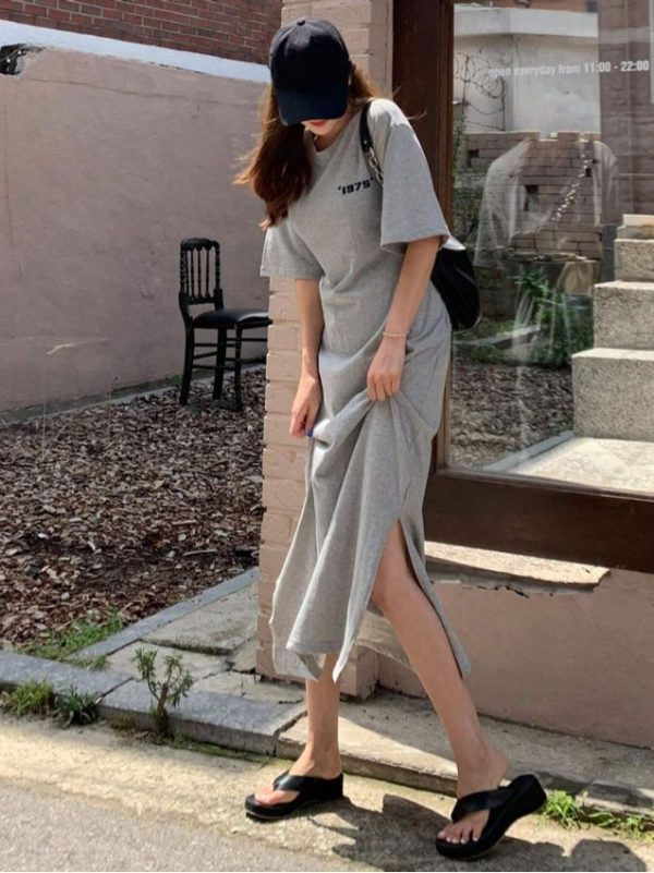DAZY Women Letter Print Short Sleeve Casual Maxi Dress With Bare Waist