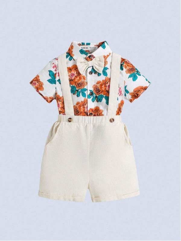 Floral Pattern Decorated Bow Tie Collared Short Sleeve Shirt With Suspenders And Shorts Set
