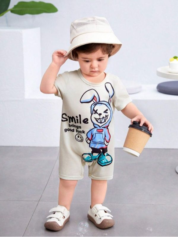 Baby Boy Knitted Soft Cartoon Rabbit Pattern Short Sleeve Romper With Round Neckline And Shorts