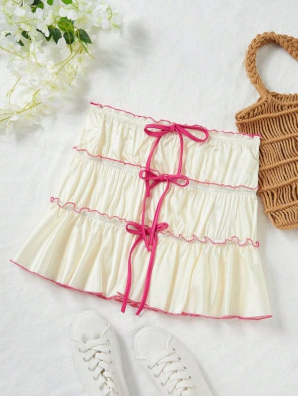 SHEIN WYWH Women Casual Seaside Low-Waist Color-Blocking White & Beige Pleated Mini Skirt